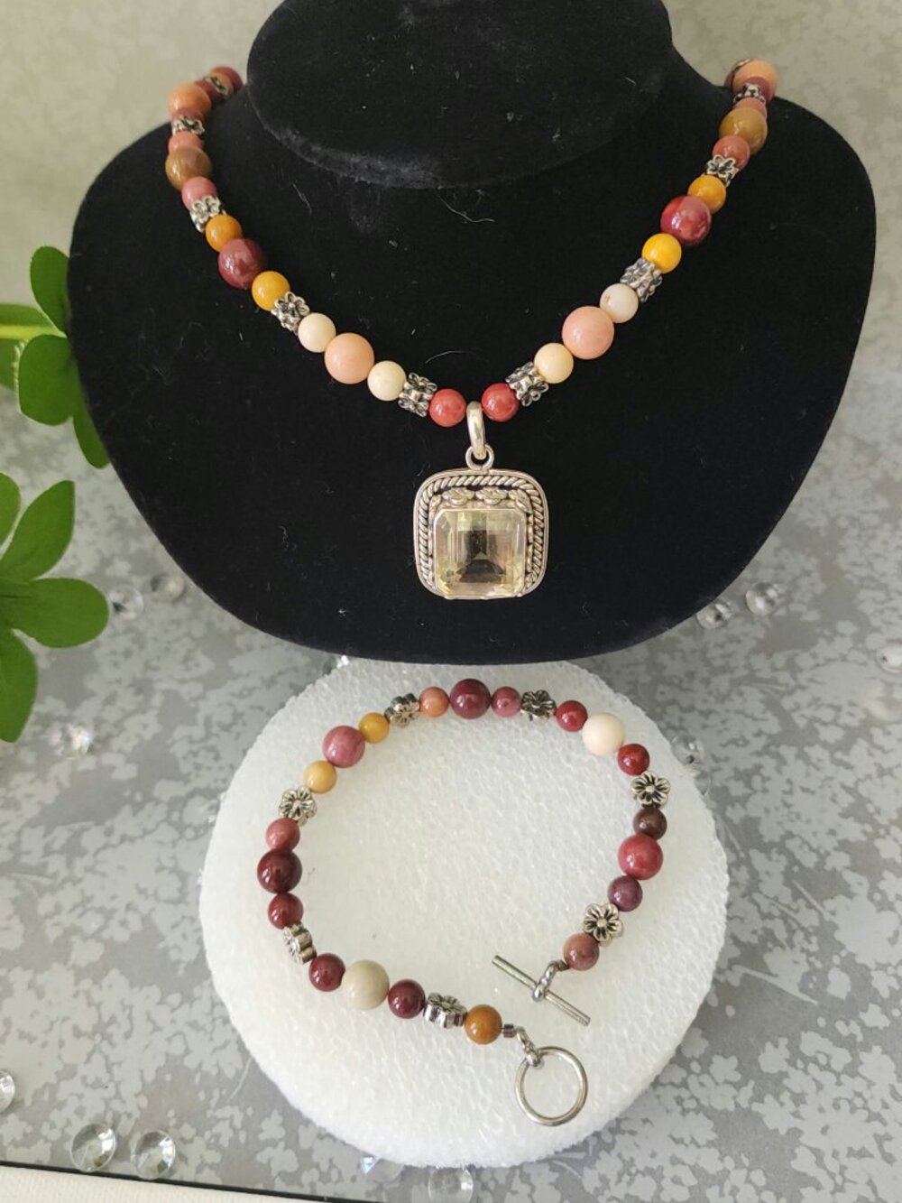 925 Sterling Silver Mookaite Jasper Necklace & Matching Bracelet Set